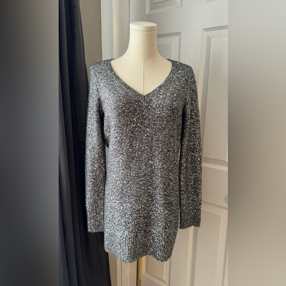 White House Black Market Sequinned Knit Long Sleeve V-Neck Sweater Dress
